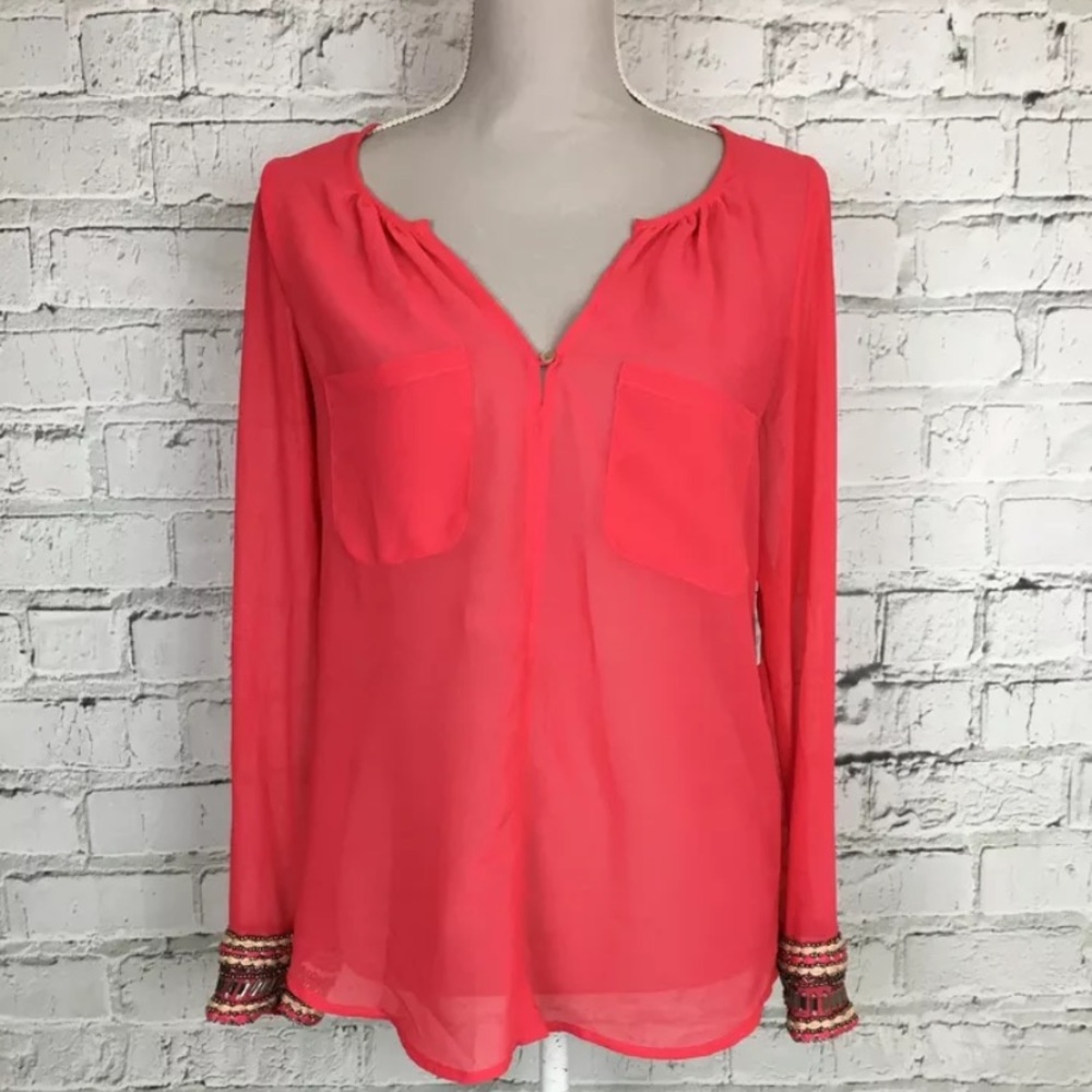 Zara Hot Pink Tribal Beaded Sleeve Blouse